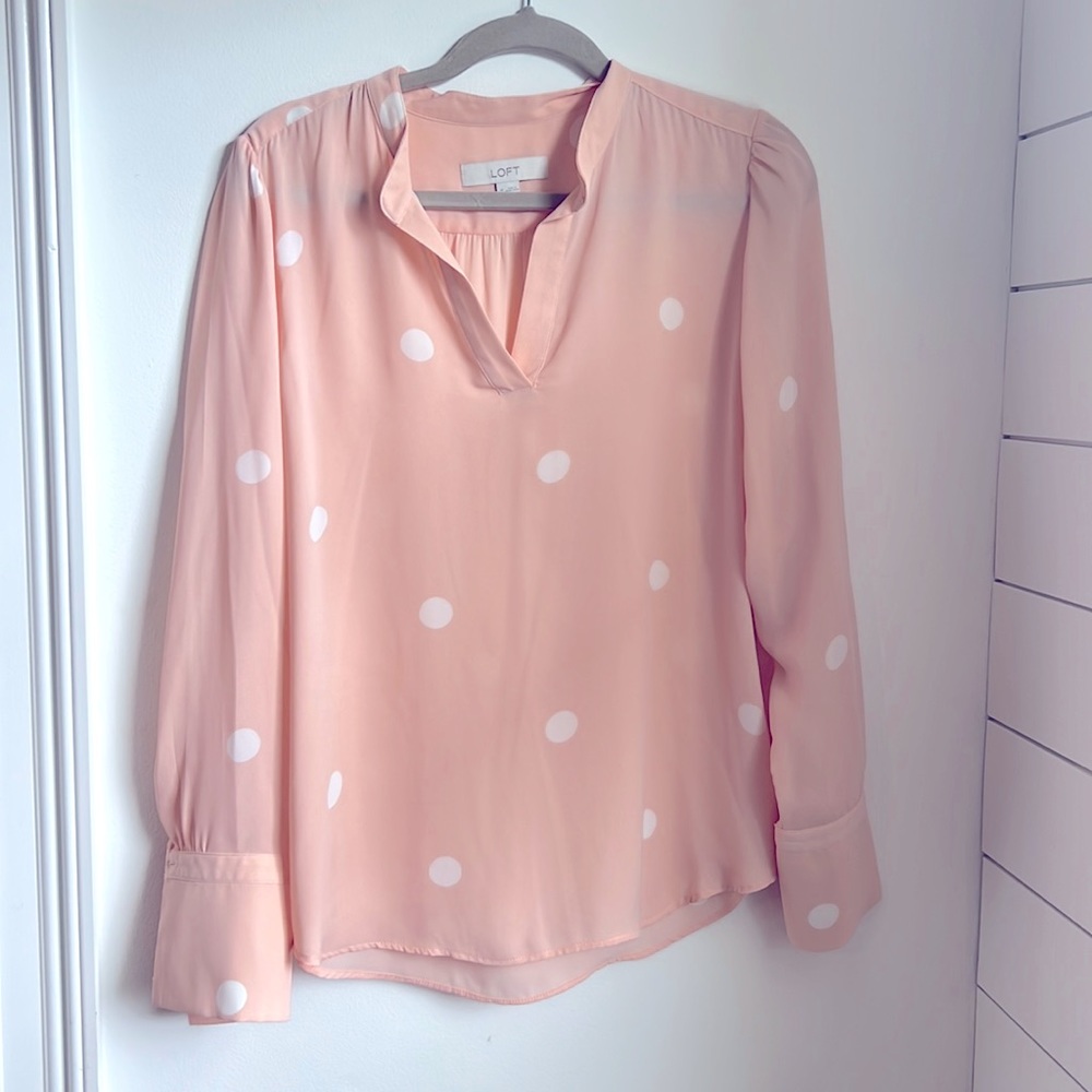 LOFT light pink and white polka dot long sleeve blouse. Size M.